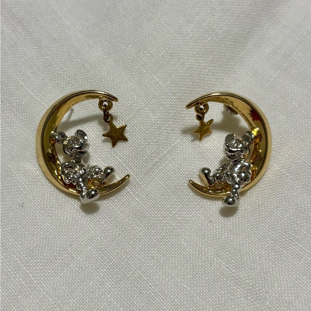 Disney Mickey Mouse Sitting on Moon Gold and Silver Earrings